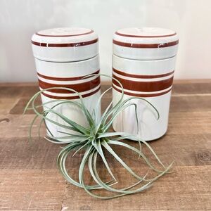 Vintage Style Ceramic Salt & Pepper Shakers White Brown Stripe Retro Or Diner